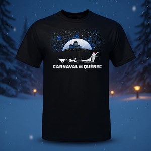 Camiseta del Carnaval de Invierno de Quebec con Diseño de Perro Tirando de Trineo y Muñeco de Nieve con Gorro Rojo y Cinta, Producto Promocional - Product Image 1