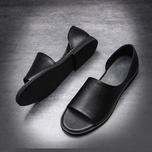 Mules en cuir véritable noir à bout ouvert, semelle extérieure en caoutchouc respirante, pantoufles d'été pour hommes - Product Image 3