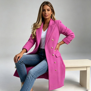 Manteau long en laine mélangée rose pour femme, à double boutonnage, couleur unie, teint uni, chaud, pour l'automne et l'hiver - Product Image 1
