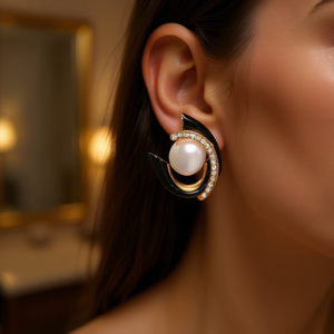 E3653 Orecchini Geometrici Moderni Neri e Oro con Perle Imitate, Gioielli da Festa per Donne - Product Image 2