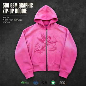 Sudadera con capucha y cremallera completa para hombre, personalizada, de 500GSM, de peso pesado, estilo vintage lavado, color rosa, con estampado gráfico de ángel Cupido, estilo urbano, OEM - Product Image 1