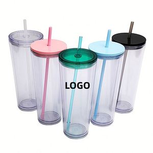 Custom LOGO 24oz Clear <b>Tumblers</b> <b>with</b> Lid and <b>Straw</b> Leak Proof and Double Wall Insulated Reusable Plastic <b>Cups</b> for Travel Parties - Product Image 1