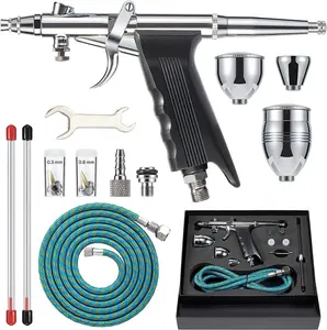 BT-166BK Kit <span class=keywords><strong>Aérographe</strong></span> <span class=keywords><strong>Professionnel</strong></span> Double Action 3 Tailles d'Aiguilles (0.3/0.5/0.8mm) Précision Cuivre pour <span class=keywords><strong>Peinture</strong></span> Corporelle et Maquettes de Voitures - Product Image 1