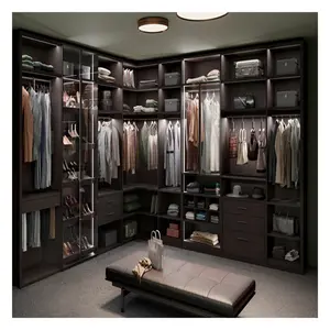 High End Customised Modern Style Walk-in Solid Wood Wardrobe With Lighting Design