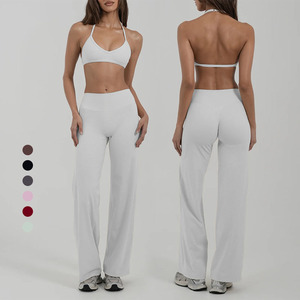 Lot de 2 pièces de vêtements de sport et de yoga à col halter en V profond, pantalon évasé taille haute, séchage rapide - Product Image 1