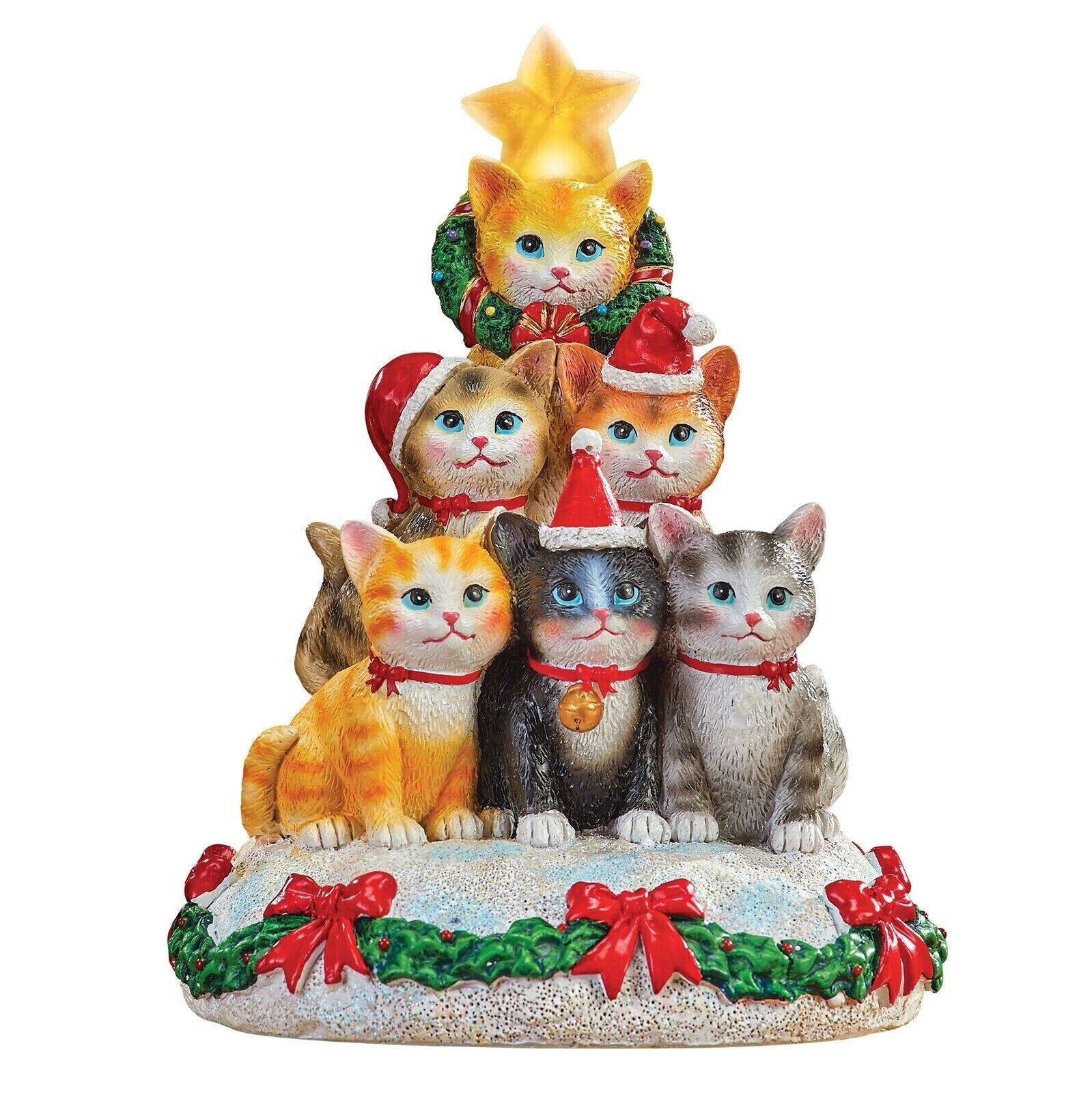 Battery Powered LED Christmas Tree Cat Figurine Indoor Resin Decorations with Musical Revolving Feature and RGB Lights