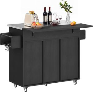 폴딩 드롭 리프 조식 바가 있는 이동식 주방 아일랜드 카트 대형 목재 수납 캐비닛 선반 바퀴 - Product Image 6