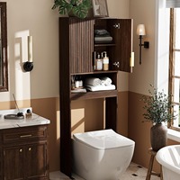 Lemari Penyimpanan Toilet Kayu Modern Midcentury, Organizer Kamar Mandi dengan Pintu Beralur untuk Kamar Mandi dan Ruang Cuci