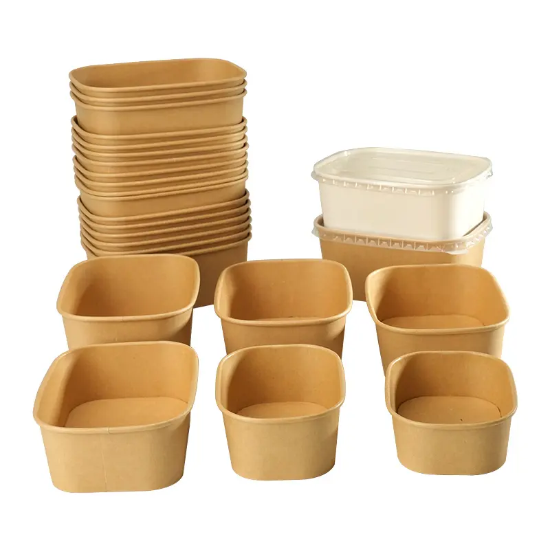 Factory custom Food grade lunch food container takeaway Brown Kraft Paper snack salad disposable rectangle square bowl