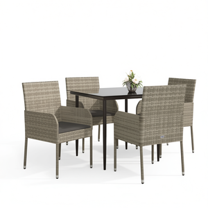 Set da Pranzo da Giardino in Rattan Grigio per 4 Persone, Struttura in Metallo, Resistente alle Intemperie, Design Contemporaneo - Product Image 1