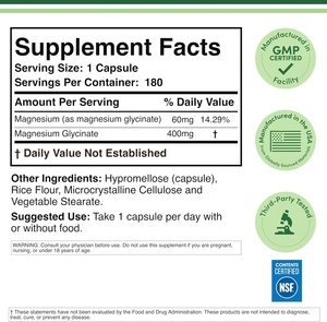 Glycinate de magnésium 400 mg 180 capsules Soutien sommeil, muscles, cœur Végétalien Sans gluten Non-OGM par Double Wood Supplements - Product Image 2