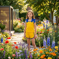 Ensemble 2 pièces pour filles avec bretelles contrastées bleues, débardeur jaune uni sans manches et short, ensemble d'été pour filles