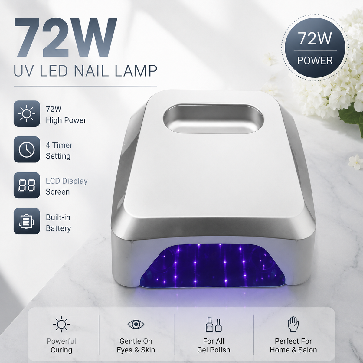 72W Rechargeable UV LED Nail Lamp Wireless Gel Polish Curing Table Lamp with Large Screen High-Efficiency Nail Equipment