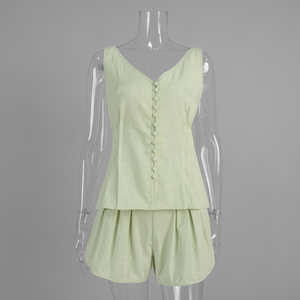 Conjunto de Chaleco y Pantalones Cortos de Algodón <span class=keywords><strong>para</strong></span> Niñas, Primavera 2026, Cuello en V, Plisado, Cintura Alta, Estilo A-Line, OEM por China, Conjunto de 2 Piezas - Product Image 4