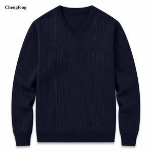 <span class=keywords><strong>Pull</strong></span> en maille torsadée col en V pour homme, <span class=keywords><strong>bleu</strong></span> <span class=keywords><strong>marine</strong></span> uni, <span class=keywords><strong>pull</strong></span> décontracté en maille pour homme, fournisseur en gros avec logo personnalisé - Product Image 2