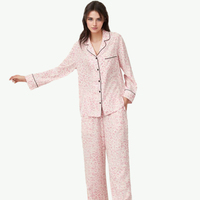 Pakaian Tidur Modal Custom ODM Bahan Katun Bambu Lembut dan Bernapas dengan Lis Piping, Piyama PJ Loungewear Set Wanita