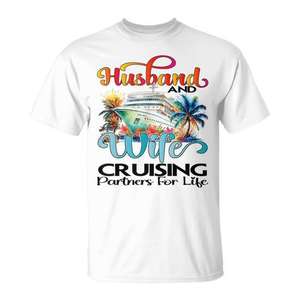 T-shirt assorti pour couple, motif « mari et femme, partenaires de croisière pour la vie », blanc, petit format, manches courtes, en coton et polyester - Product Image 1