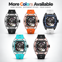 Maßgefertigte Herren Luxus Tonneau Skelett Mechanische Sportuhr Wasserdicht Edelstahlgehäuse Gummiarmband Automatik OEM ODM