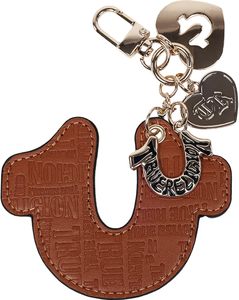Breloque de sac en forme de fer à cheval gaufré avec pendentif cœur et détail logo, finition dorée, couleur cognac - Product Image 1