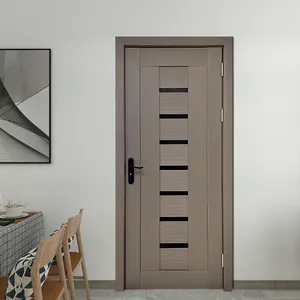 Puerta de madera de melamina precolgada Precio de piel de panel MDF con marco de manija Puerta de madera para interiores de casas