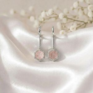 Natural Rose Quartz Cubic Zirconia Hexagon Drop <b>Earrings</b> in 925 Sterling <b>Silver</b> or 18K Gold Filled Elegant Gemstone <b>Dangle</b> Jewel - Product Image 2