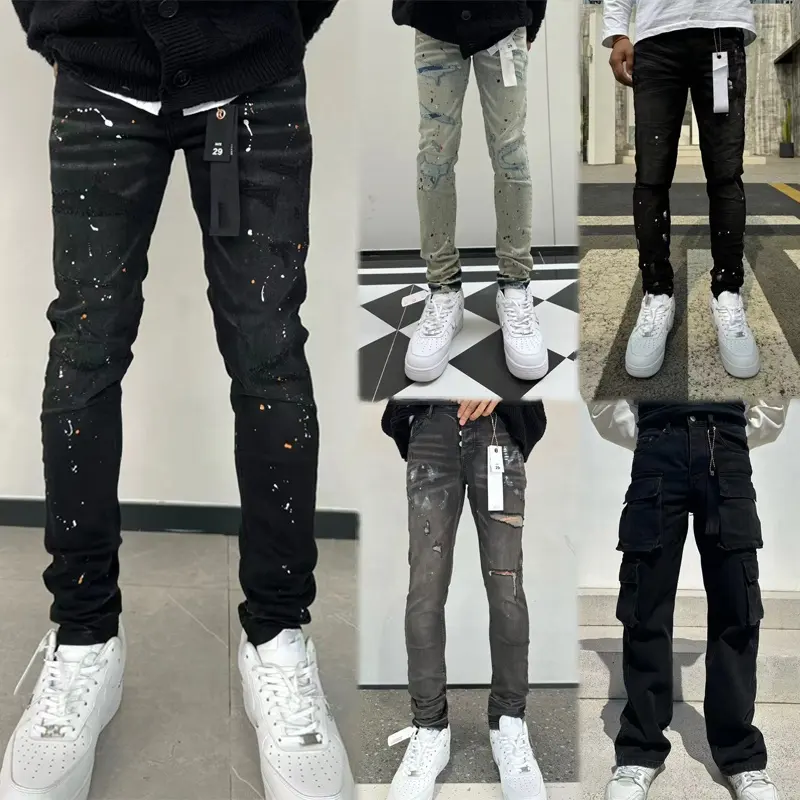 9023 Neuzugang Frühjahr Sommer 2024 Mode Straße Slim-Fit individualisierte Jeans lila Jeans Denim zerrissene Herrenjeans