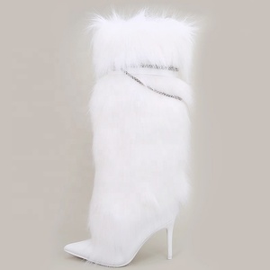 Custom Plush Women High Heels Fur <b>Long</b> Booties Metal Chain on Fluffy Knee High Boots Winter Furry Snow Shoes - Product Image 5