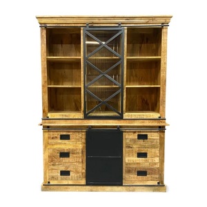 Aparador industrial de madera de mango para Buffet, aparador con puerta corredera de hierro, ancho, dos partes, acabado negro y natural - Product Image 3