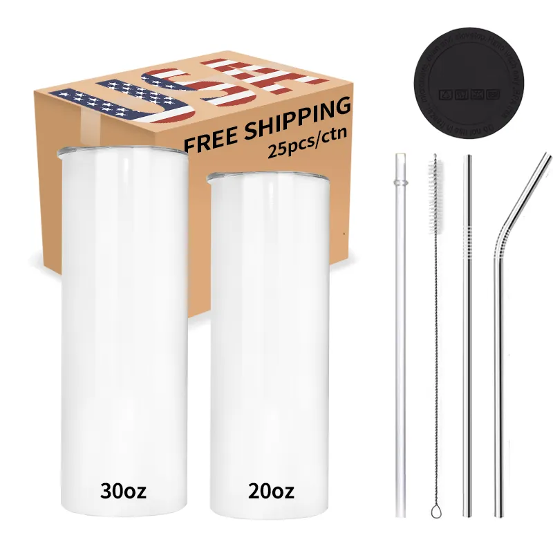 USA Warehouse 2 Days Delivery 20OZ Sublimation Blanks Stainless Steel Skinny Sublimation Straight Tumblers with Straw