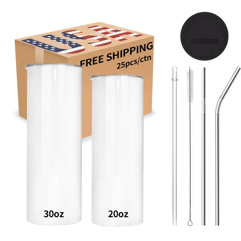 USA Warehouse 2 Days Delivery 20OZ Sublimation Blanks Stainless Steel Skinny Sublimation Straight Tumblers With Straw