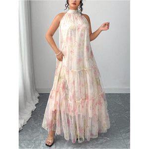 Vestido Maxi Floral para Mujer, Cuello Halter, Gasa, Corte A, Cintura Imperio, Capa Transparente, Vestido de Verano para Vacaciones, Estilo Bohemio - Product Image 3