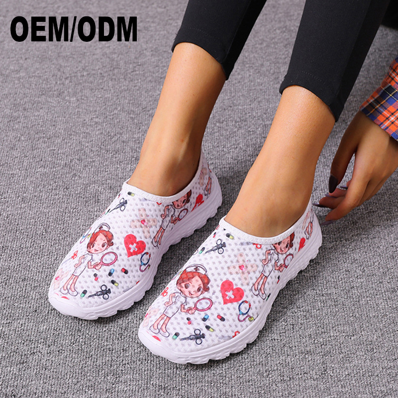 Кроссовки женские дышащие с принтом, без шнуровки, легкие Нескользящие, на мягкой подошве, повседневная спортивная обувь для медсестер, на заказ