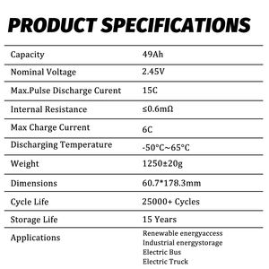 Cellules de batterie LTO cylindriques rechargeables Selian Energy Grade A 2,45 V 49 Ah à haute capacité pour pack de batteries de stockage d'énergie - Product Image 2