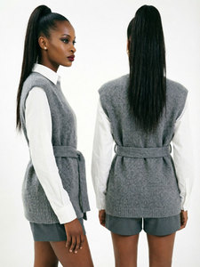 Gilet Minimalista da <span class=keywords><strong>Donna</strong></span> in Maglia, Maglione Senza Maniche a Collo Alto, Tunica con Cintura, Lusso Discreto, Elegante Abbigliamento da Ufficio, Maglieria Grigia - Product Image 3