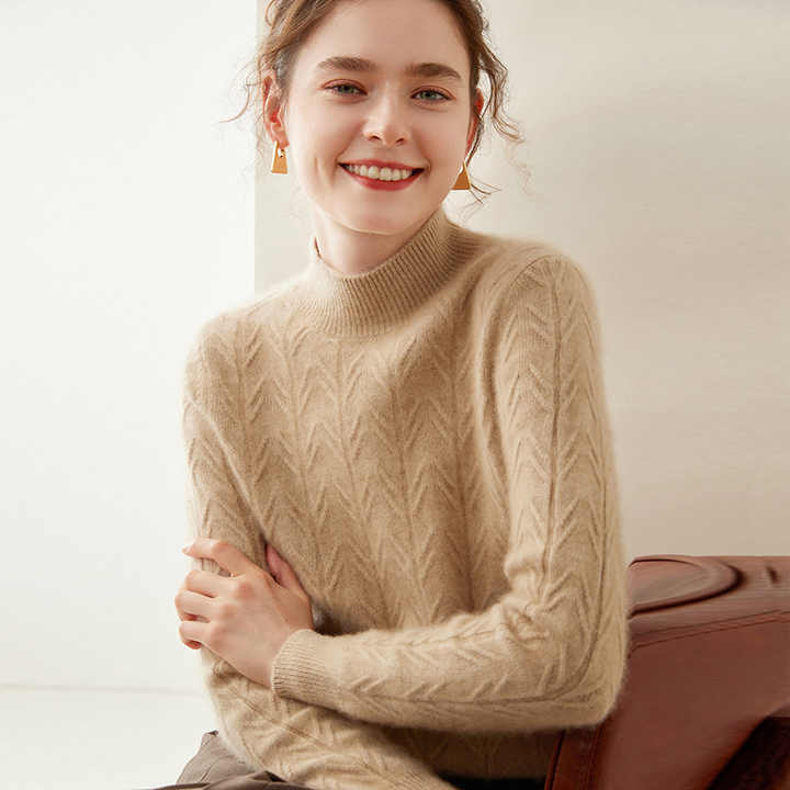 100% Cashmere Fabric Women Turtleneck Knit Sweater Solid Color