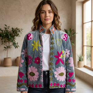 Women’s Decorative Gray <b>Velvet</b> <b>Jacket</b> with Floral & Heart Embroidery - Product Image 1