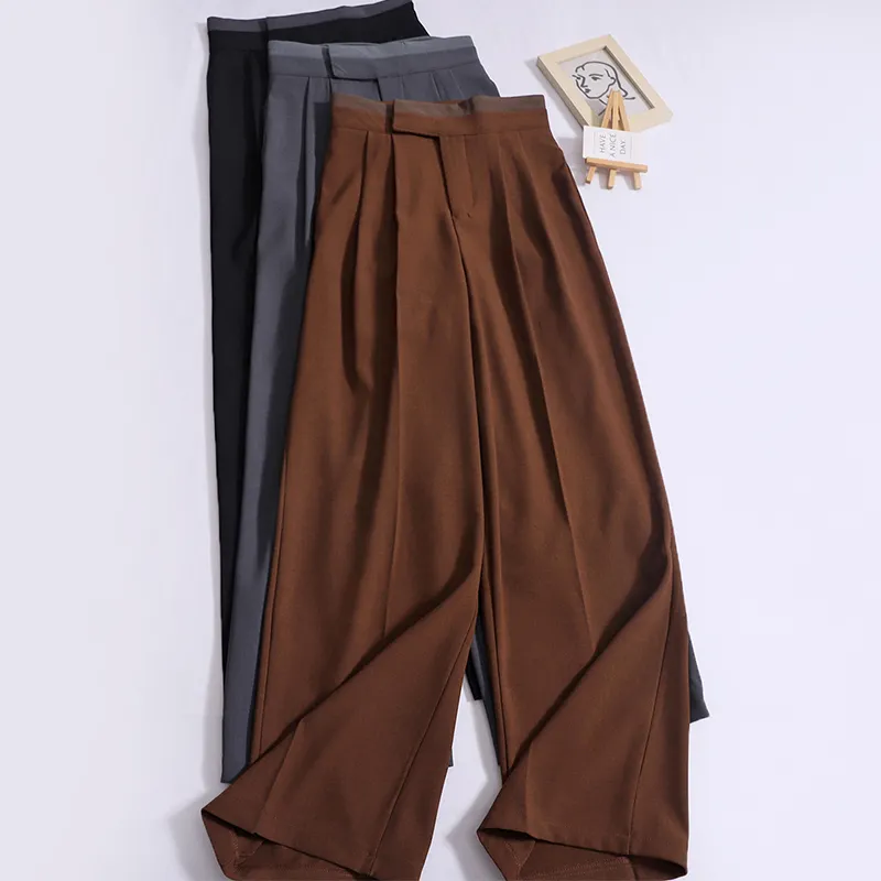 Boutique en gros 2024 printemps nouveau Design Velcro sentir pantalon large taille haute polyvalent drapé pantalons pour femmes