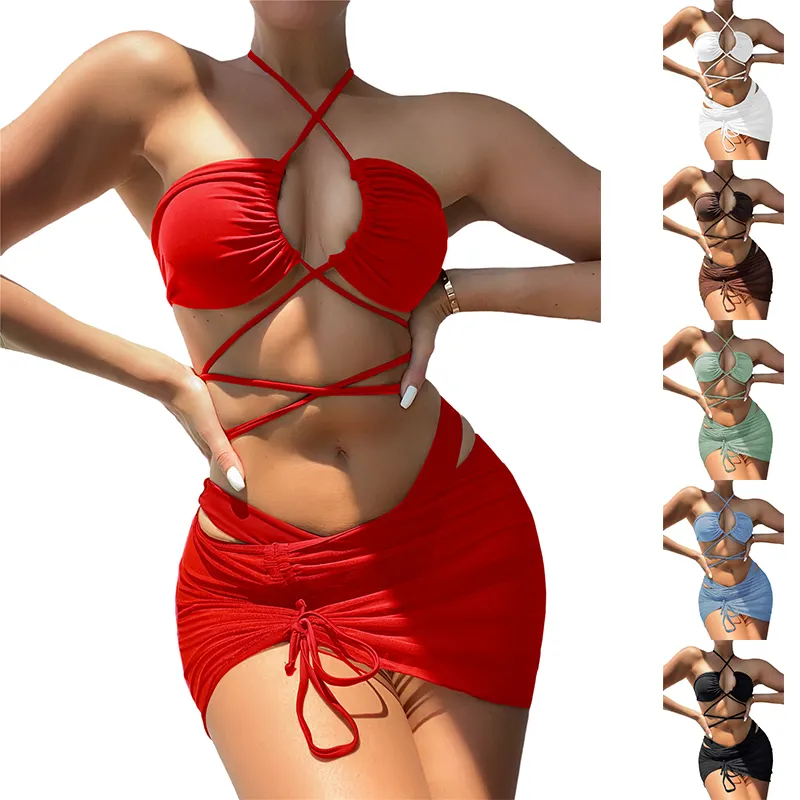 2022 Wholesale Sexy bandage 3 piece swimsuit designer bathing suit cover up swim cover up skirt 3 piece swimwear