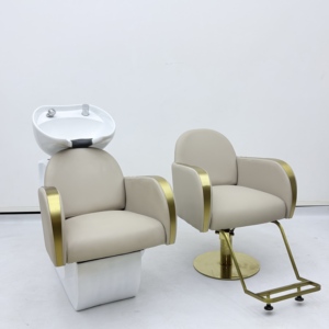 Ensemble de mobilier moderne pour salon de beauté : Lit de lavage, fauteuil de coiffure en cuir synthétique rembourré, hauteur réglable, rotation à 360 degrés - Product Image 2