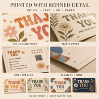 Tarjetas de Agradecimiento Retro de Doble Cara, Diseño Floral Geométrico Vintage con Código QR para Paquetes de Pequeñas Empresas