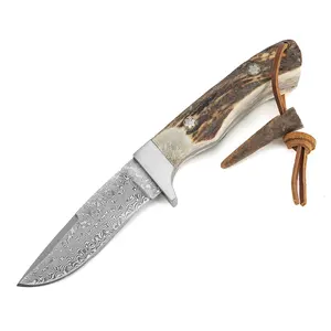 Premium Geweih Griff Damaskus Stahl klinge Outdoor Camping Survival Jagdmesser mit Leders eil