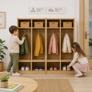 Armoire à casiers pour enfants Chuangjin à 2 sections, 710 mm, en bois, avec <span class=keywords><strong>porte</strong></span>-<span class=keywords><strong>manteau</strong></span> et rangement, pour fournisseur d'écoles et de maternelles <span class=keywords><strong>Montessori</strong></span> - Product Image 3