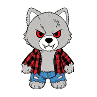 Peluche Loup-garou Gris Effrayant en Coton Ultra Doux avec Cicatrice Cousue, Yeux Rouges, Aiguilles de Loup, et Chemise à Carreaux Déchirée, Jean – Idéal pour Halloween