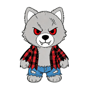 Muñeco de peluche de <span class=keywords><strong>lobo</strong></span> super suave gris aterrador con cicatrices cosidas, ojos rojos, colmillos, <span class=keywords><strong>camisa</strong></span> a cuadros rasgada y jeans rasgados para Halloween - Product Image 2