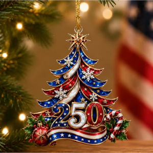 Bright <b>Red</b> 250th Anniversary Christmas Tree <b>Ornament</b> Patriotic Design Holiday Decoration - Product Image 4