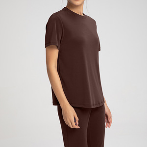 SUHE TS-010 Athena Sandwashed Ribbed <b>Checkered</b> Short Sleeve Modal Yoga <b>Top</b> Women Breathable Crew Neck Regular Fit 140g Sportwear - Product Image 2
