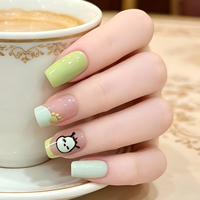 24 faux ongles français en ABS à presser, base jaune-verte, motif panda mignon et étoiles dorées, forme carrée, tendance, qualité salon pour femmes