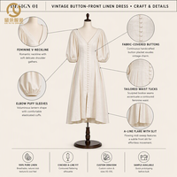 Robe midi élégante pour femme, col en V, 100% Lin Blanc, Coupe décontractée trapèze, avec Spandex, Modal, Coton, Volants, pour la plage, Couleur unie naturelle