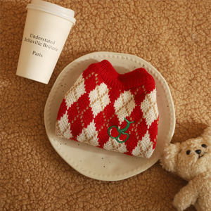 Queda <span class=keywords><strong>Pet</strong></span> Roupas Quentes Tecido De Malha Fina Vestuário Bonito Lace Lapel Bordado Cherry Plaid Padrão V-neck Cat Winter Sweater - Product Image 5