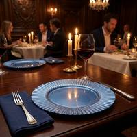 Assiette de présentation ronde en verre cannelé bleu soleil de 13 pouces, assiette gaufrée pour la décoration de table à la maison, dans les hôtels, lors de mariages et de banquets